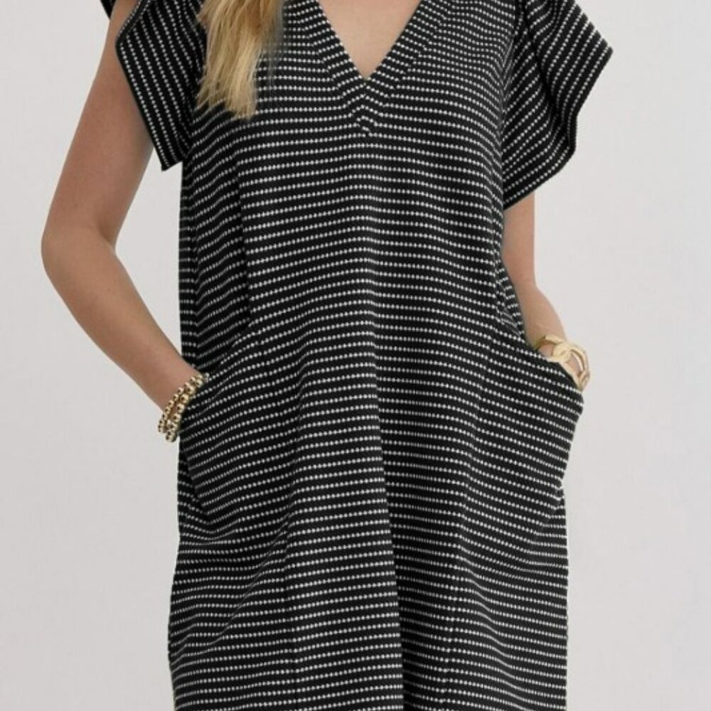Black Stripe Textured V-Neck Flutter Sleeve Mini Dress